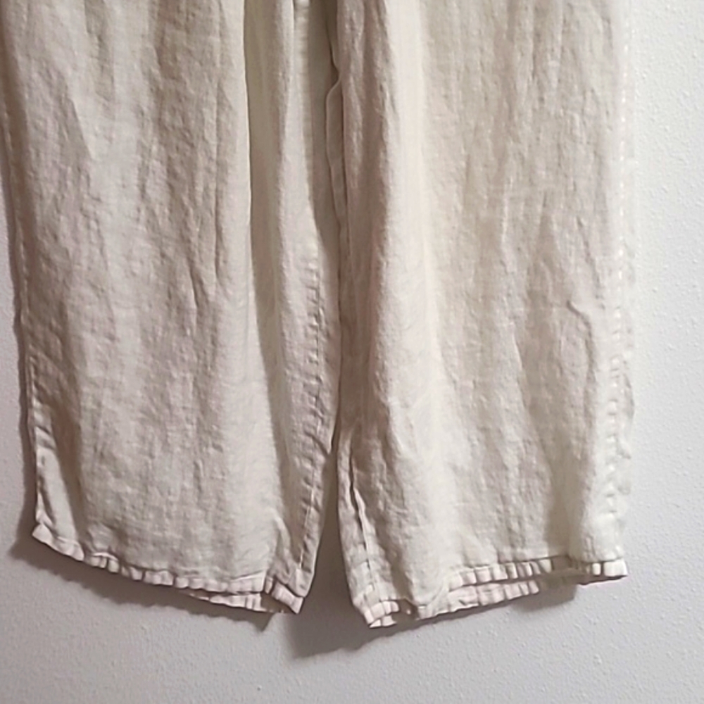 Flax 100% Linen Pants wide leg Crop Lagenlook Size 10 Eladtic Waistband Cream - Picture 4 of 7